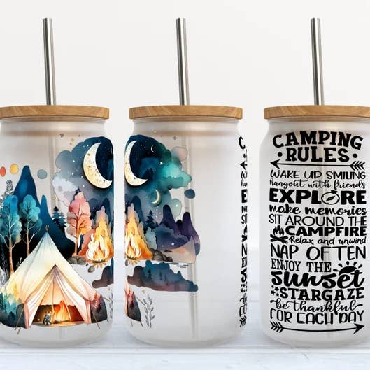 Kate Haven Glass Tumblers for Every Occasion - Wholesale Drinking Glass/Cup - Camping Rules 16oz Frosted Libbey Glass