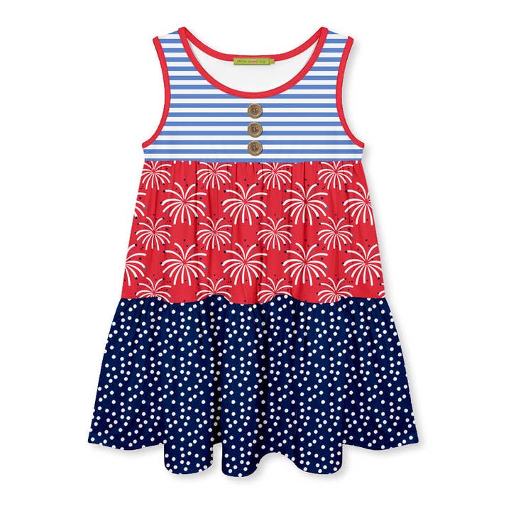 Kids Red Fireworks Tiered Sleeveless A-Line Dress for wholesale by Millie Loves Lily