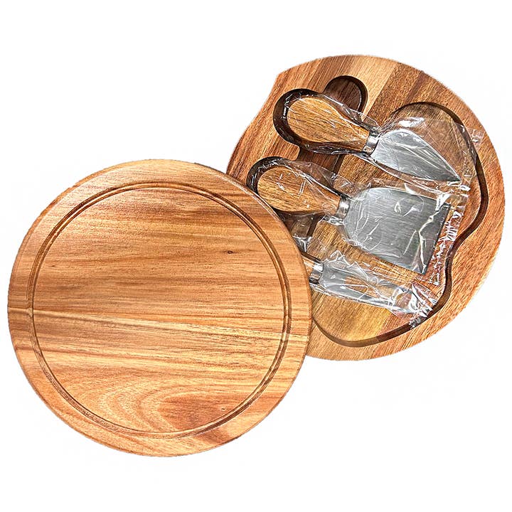 Acacia Cheese Board Set with Swivel Lid and 3 Tools for wholesale by Texas Toy Distribution