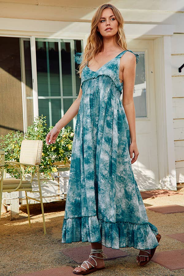 GREEN D3030 Tie-dye Print Ruffled Woven Long Dress for wholesale on Faire4