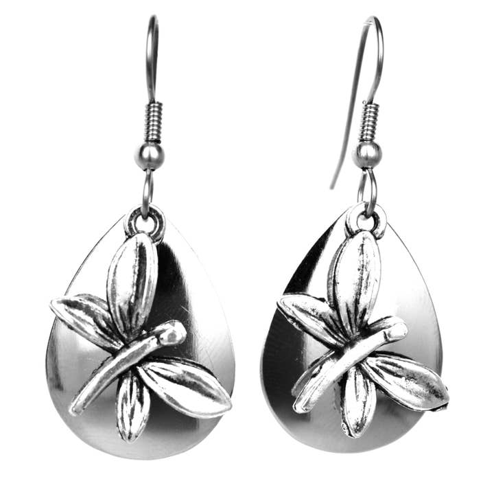 Boucles d'oreilles en forme de libellule argentées éclatantes, bijoux naturels pour la vente par Eye Catching Jewelry