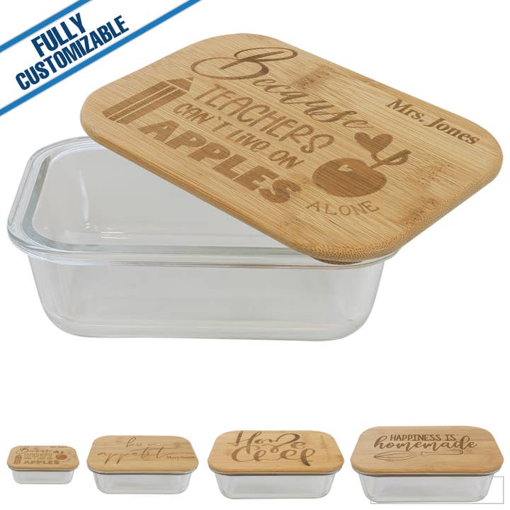 GiftWorksPlus - Wholesale Food Storage Container - Rectangle Glass Container - Bamboo Lid - Fully Customizable