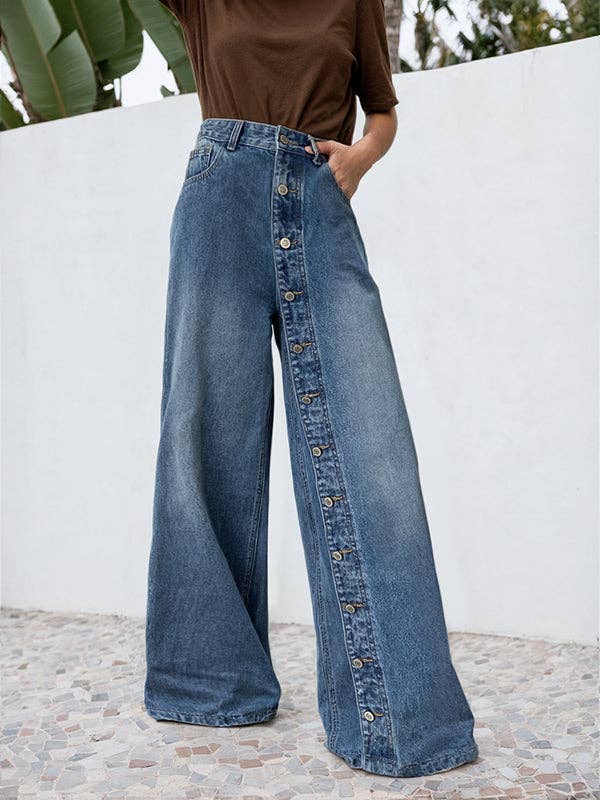 BLUE High Waisted Loose Buttoned Pockets Jean Pants Bottoms for wholesale on Faire2