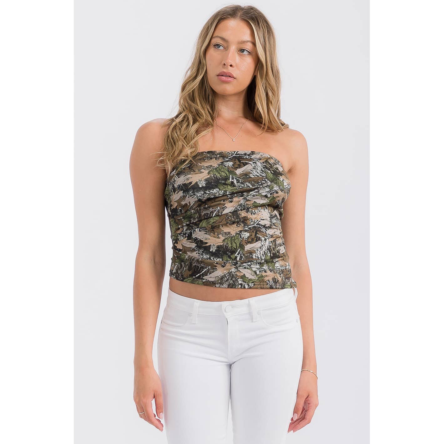 REGULAR SIZE CAMO LEAF PRINT TUBE TOP for wholesale on Faire0