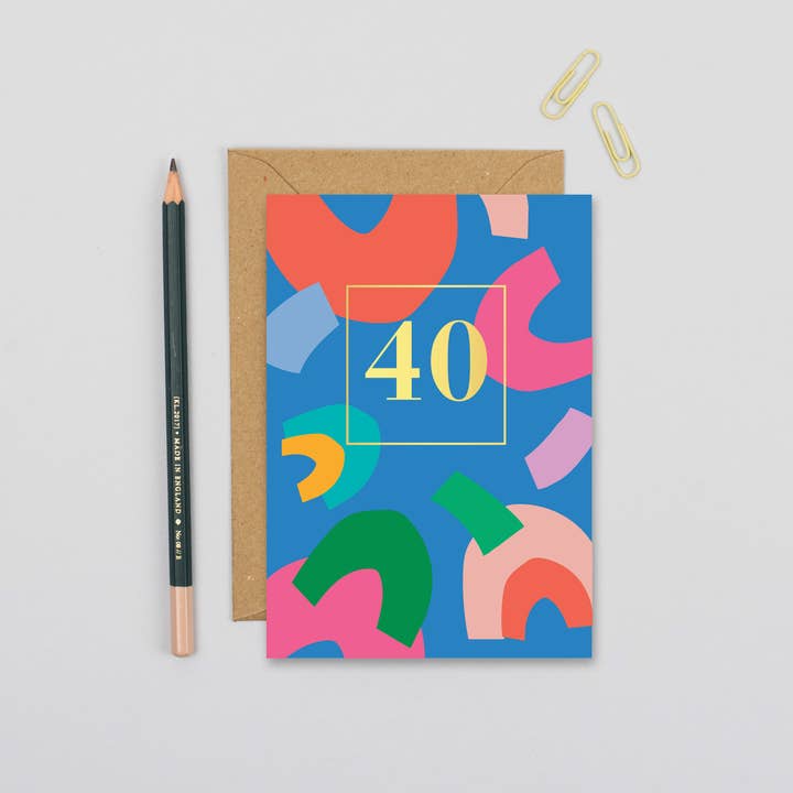 Carte d'anniversaire 40 ans à motif bleu avec numéro en feuille d'or pour la vente par Mifkins