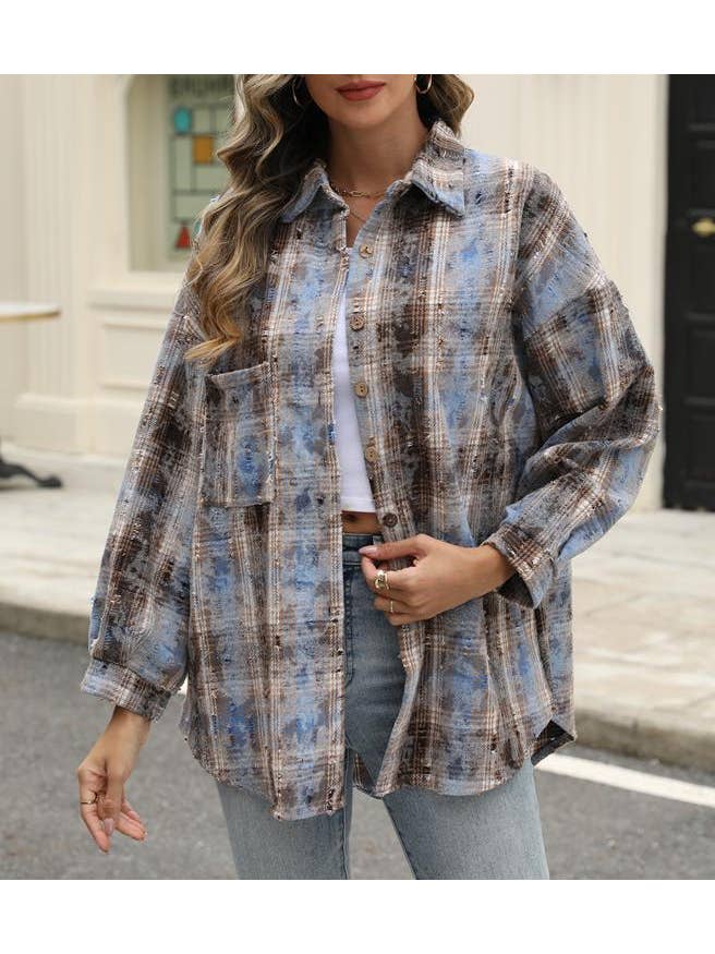 HIDDENBRAND - Wholesale Shirt Jacket/Shacket - Women's - Plaid jacket checked ripped shacket4