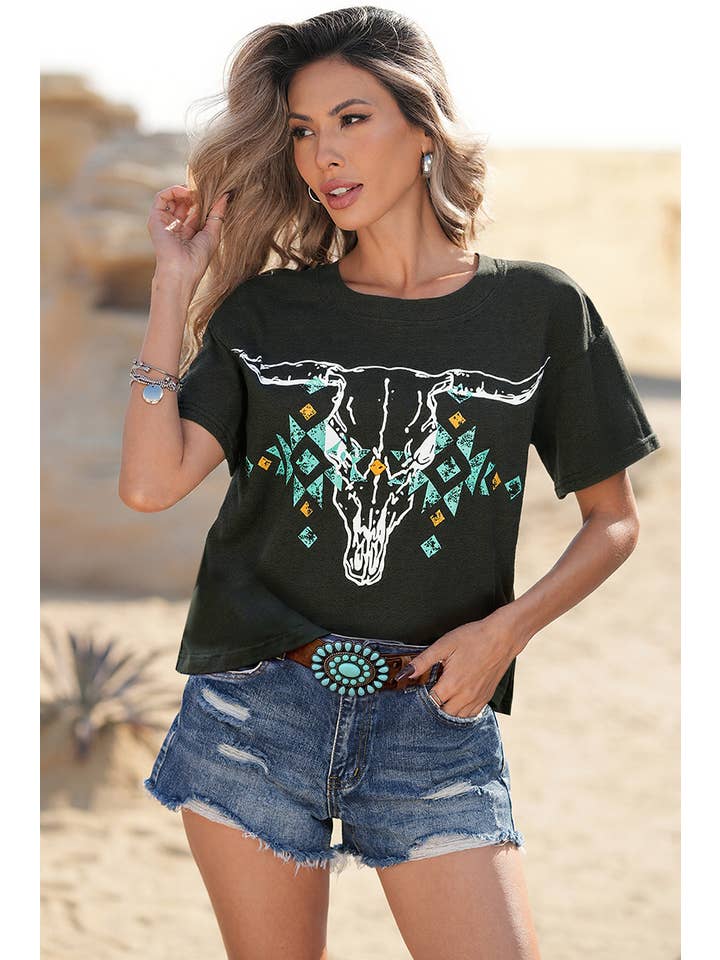 Carbon Grey LDC Vintage Bull Skull Western Turquoise T Shirt for wholesale on Faire