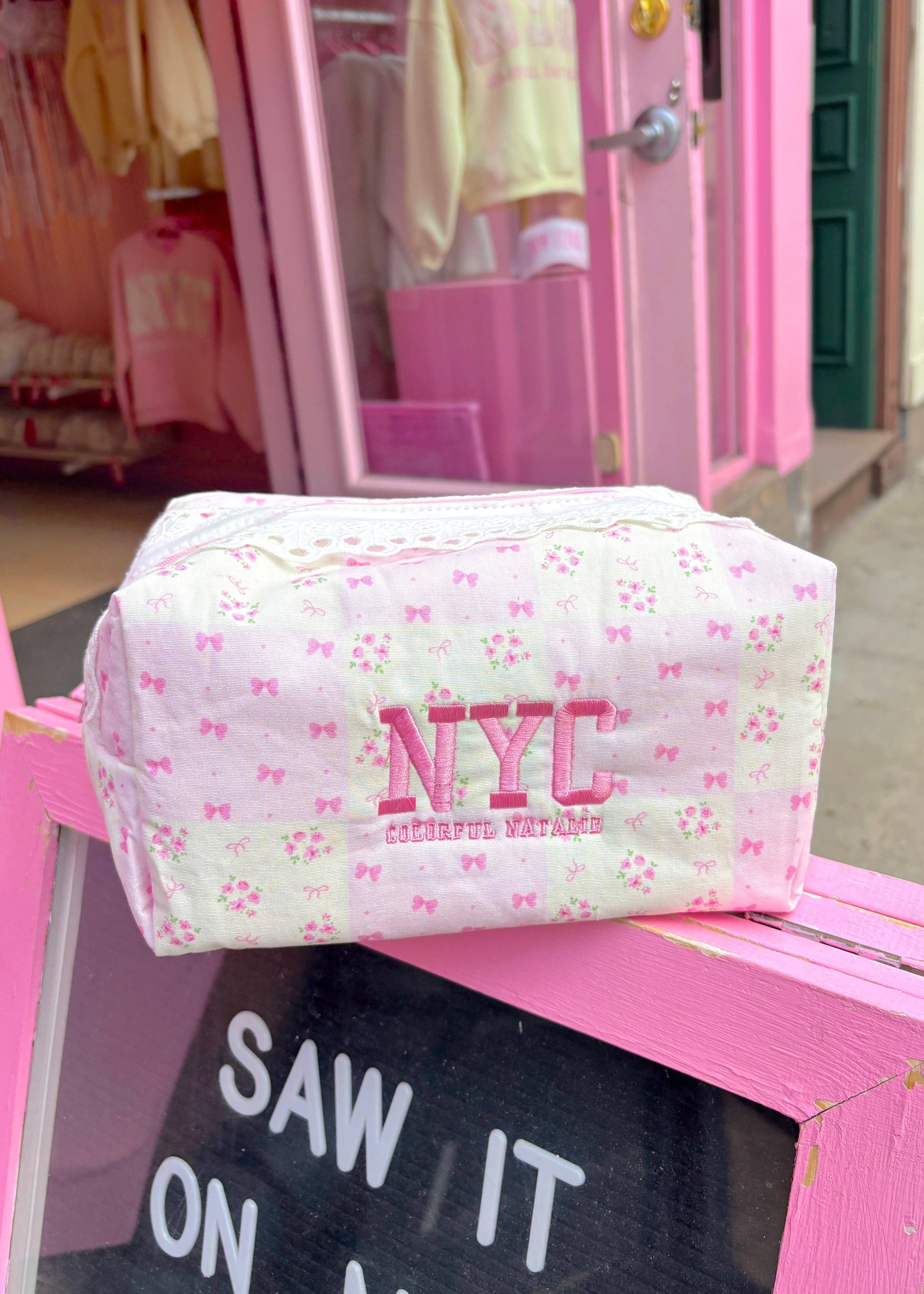 Colorful Natalie - Wholesale Makeup/Cosmetic Bag - Pink Bows and Flowers NYC Makeup Bag1