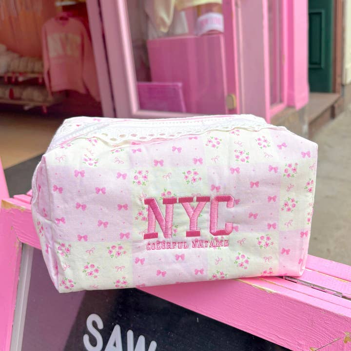 Colorful Natalie - Wholesale Makeup/Cosmetic Bag - Pink Bows and Flowers NYC Makeup Bag1