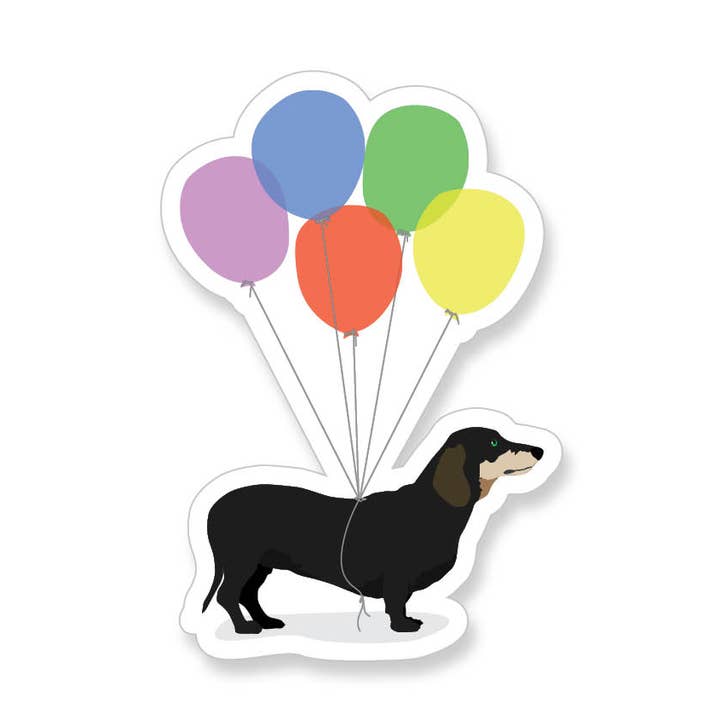 Dachshund with Balloons Vinyl Sticker for wholesale by Apartment 2 Cards
