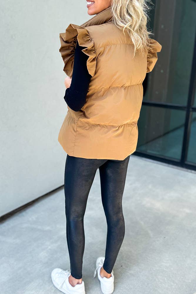 UNISHE – Colete - Mulher por atacado – Casaco Puff com Mangas Flutter Liso Buttoned CY1486