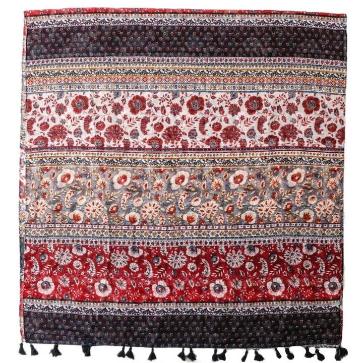 Red Scarvii - Bohemian Floral Geometric Tassel Scarf for wholesale on Faire2