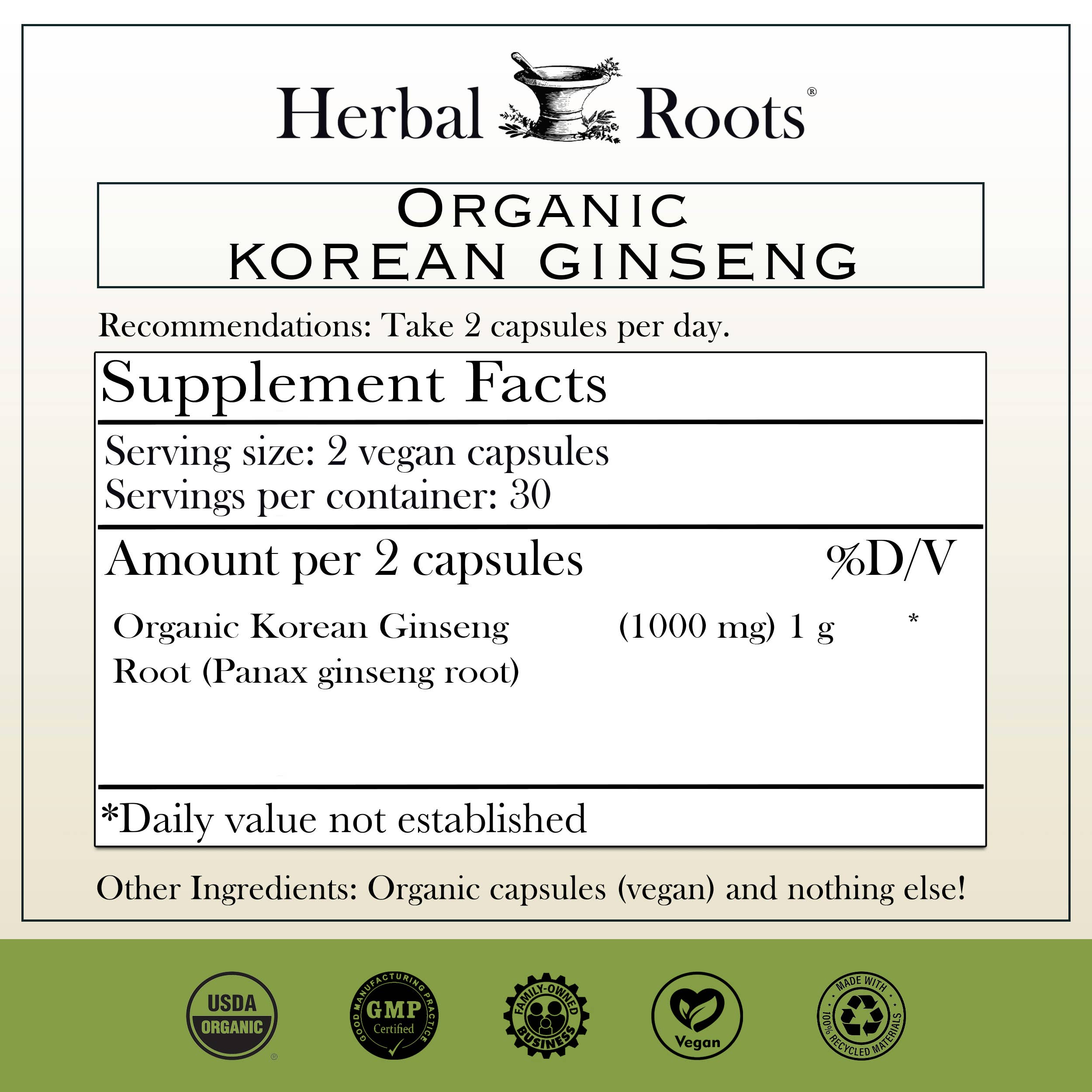 Herbal Roots - Wholesale Oral Supplement/Vitamin - Herbal Roots Organic Korean Ginseng Root Capsules1