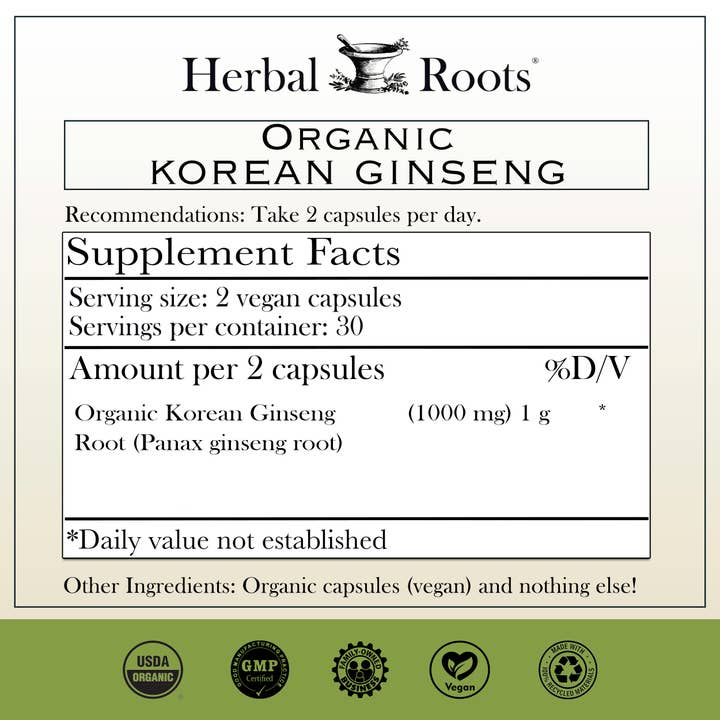 Herbal Roots - Wholesale Oral Supplement/Vitamin - Herbal Roots Organic Korean Ginseng Root Capsules1