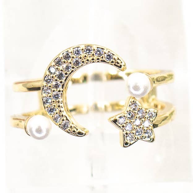 Moon and Star Pearl Detail Adjustable Ring for wholesale by Cherie by Cherie