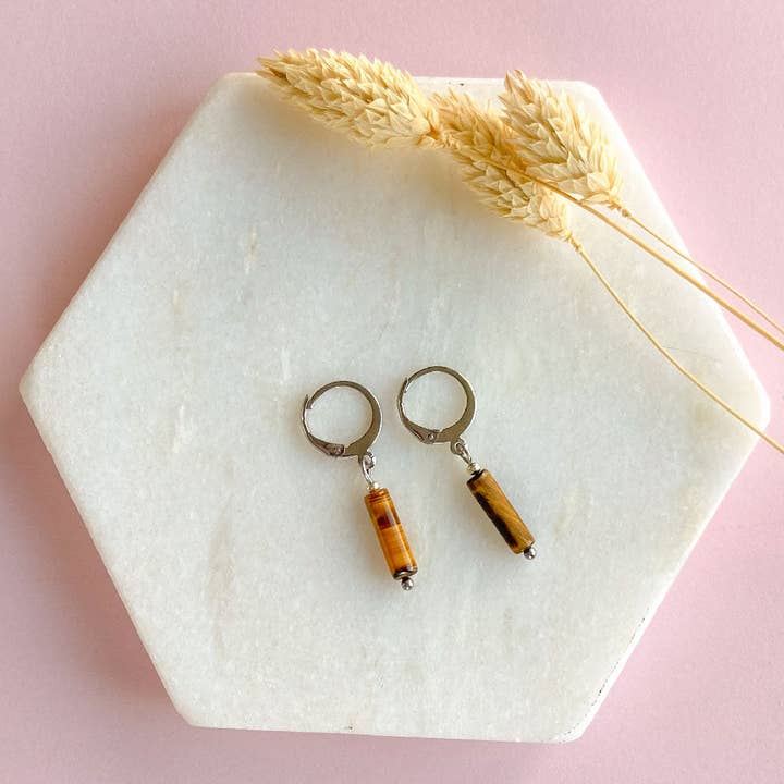 Silver tiger eye tube earrings for wholesale by Mystic Jewelry