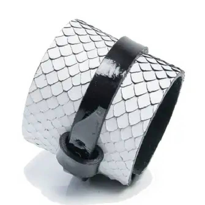White Scale-Texture Wide Leather Cuff with Black Buckle for wholesale by The Dark