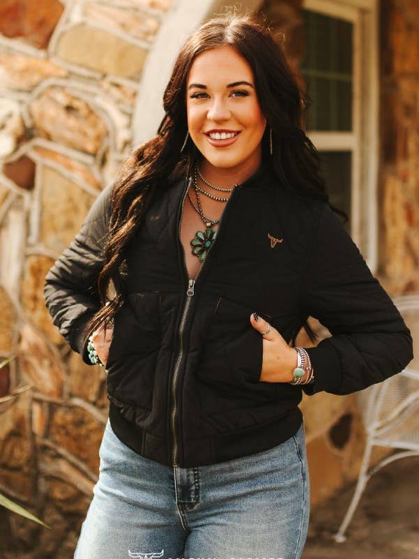 Black Quilted Bomber Jacket Contrast Detail Brown Lining for wholesale by LUCKY & BLESSED