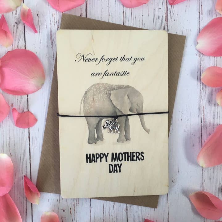 Braccialetto con scritta «Happy Mothers Day Elephant» in legno stampato per la vendita all'ingrosso da parte di Dios Designs