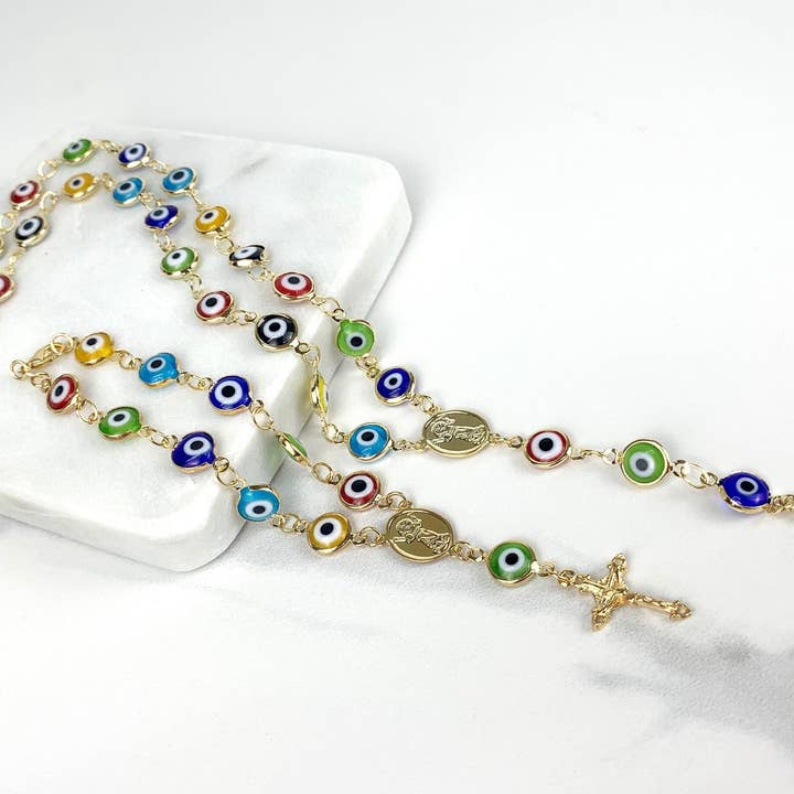 Luxus Accessories - Venta al por mayor Collar de cuentas de oración - Rosario o Br para niños con ojos griegos de colores dorados de 18 quilates