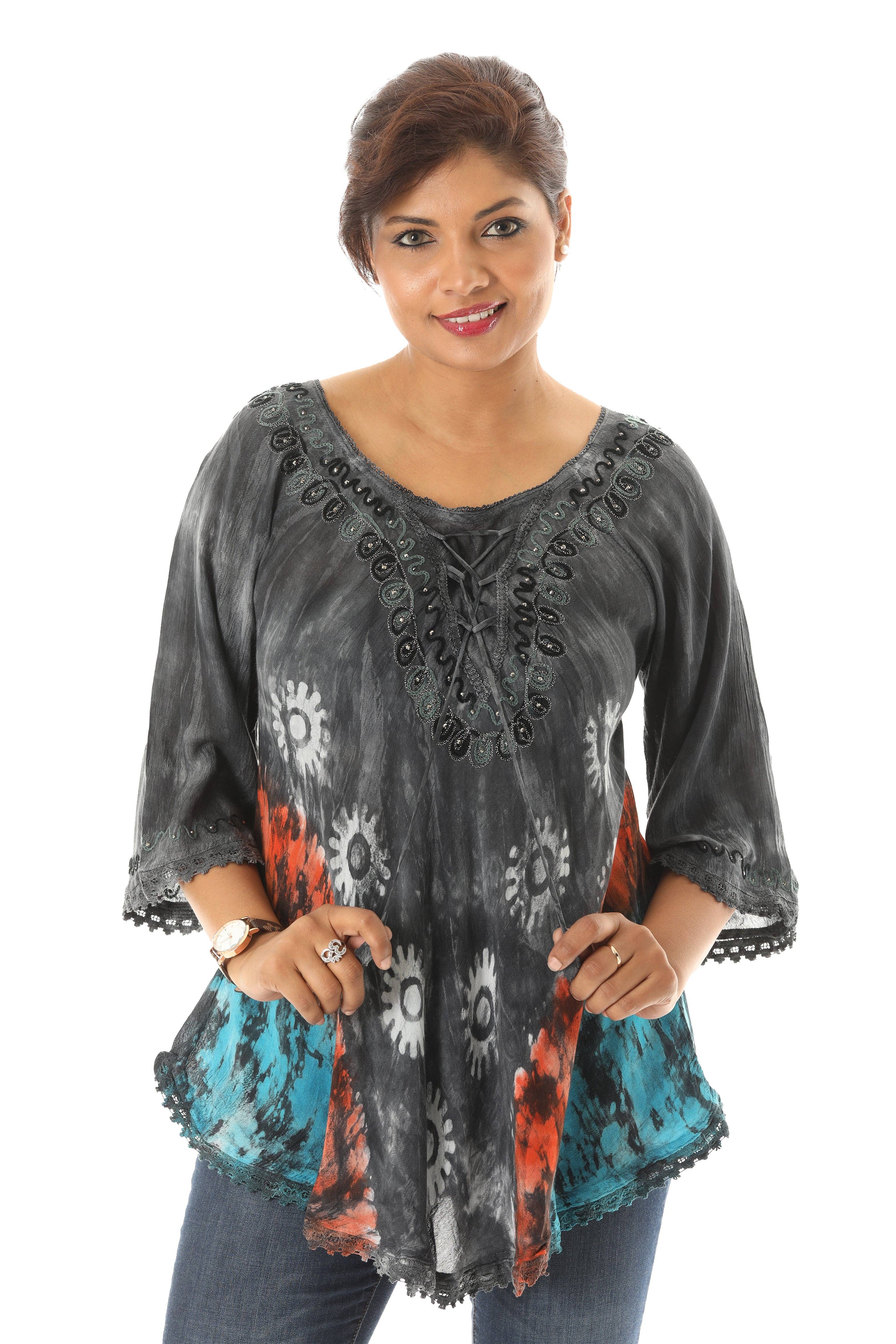 Shoreline Wear. INC - Wholesale Tunic - Women's - Bold Floral Pattern Orange Accent Tie Dye Rayon Tunic0