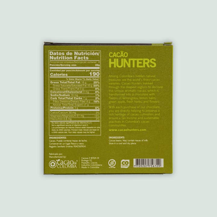 Bar & Cocoa Chocolate - Wholesale Chocolate Bar - Cacao Hunters Colombian Dark Chocolate Bar 100%