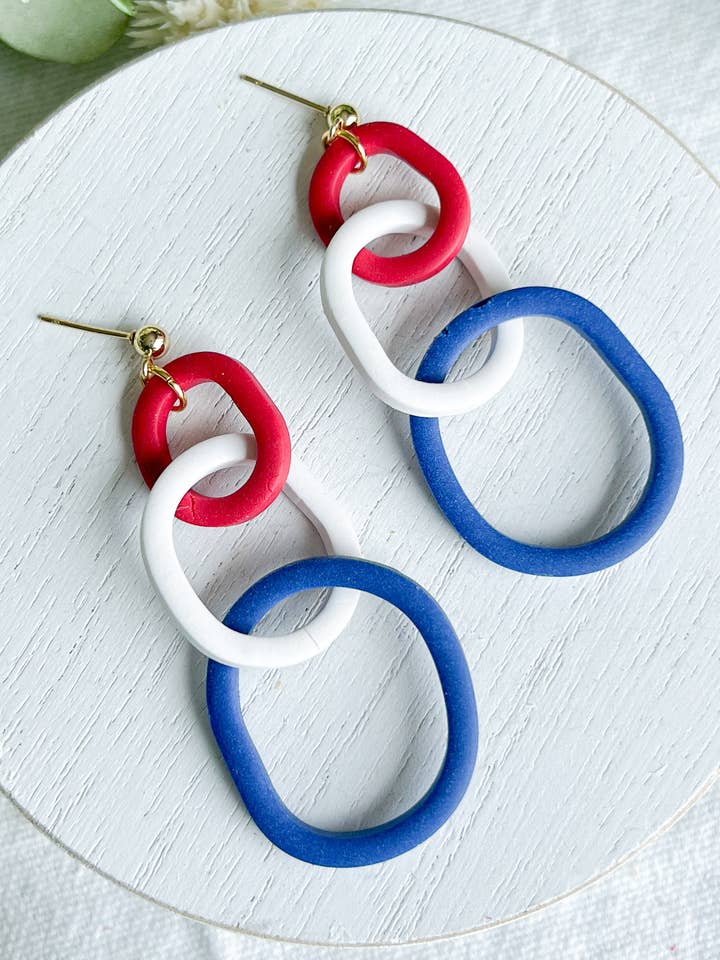 Red, White and Blue Oval Chain Link Polymer Clay Earrings for wholesale by Morning Dew Designs