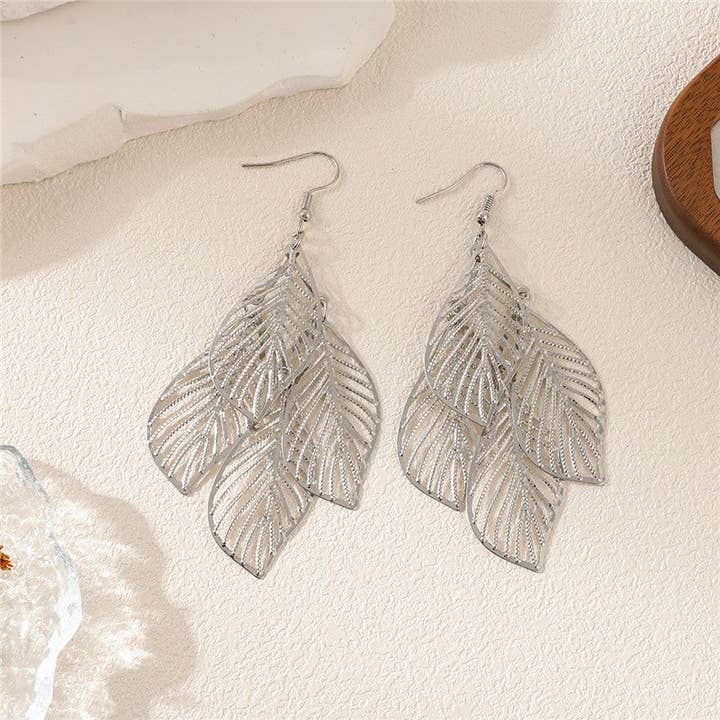 Elegant Hollow Leaf Tassel Long Metal Earrings for wholesale by kycozy