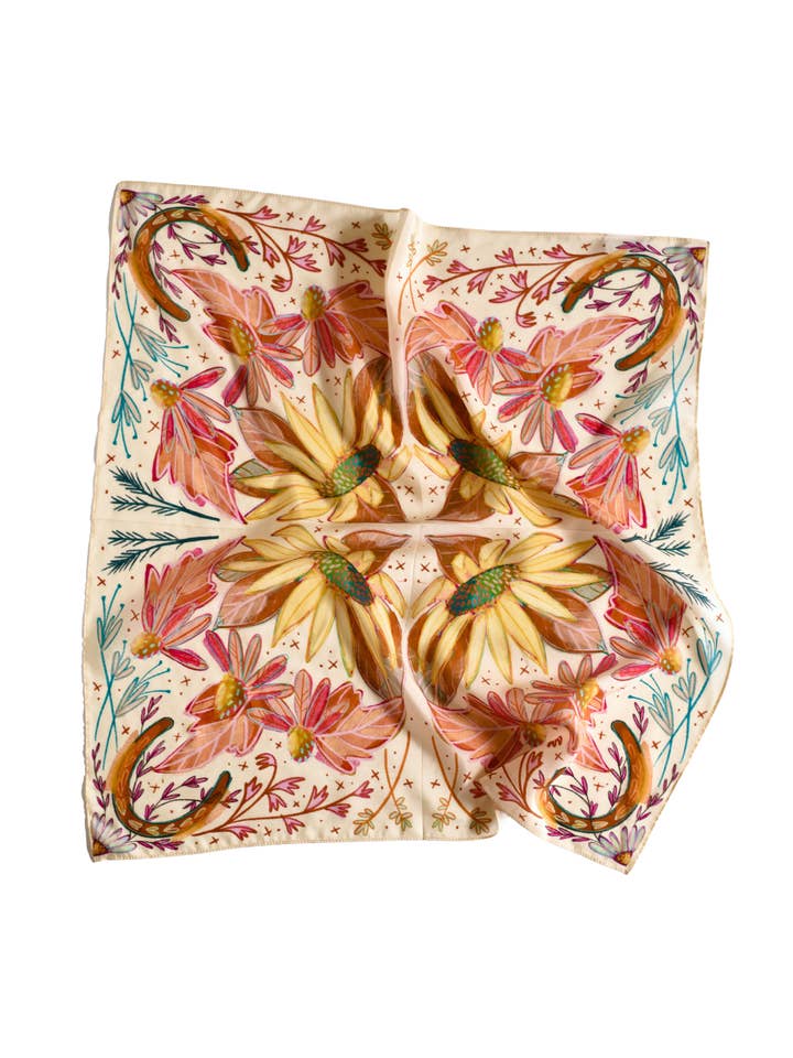 Lucky Wildflowers Vibrant Western Cowgirl Silk Wild Rag Scarf for wholesale by Tirzah Lane Art