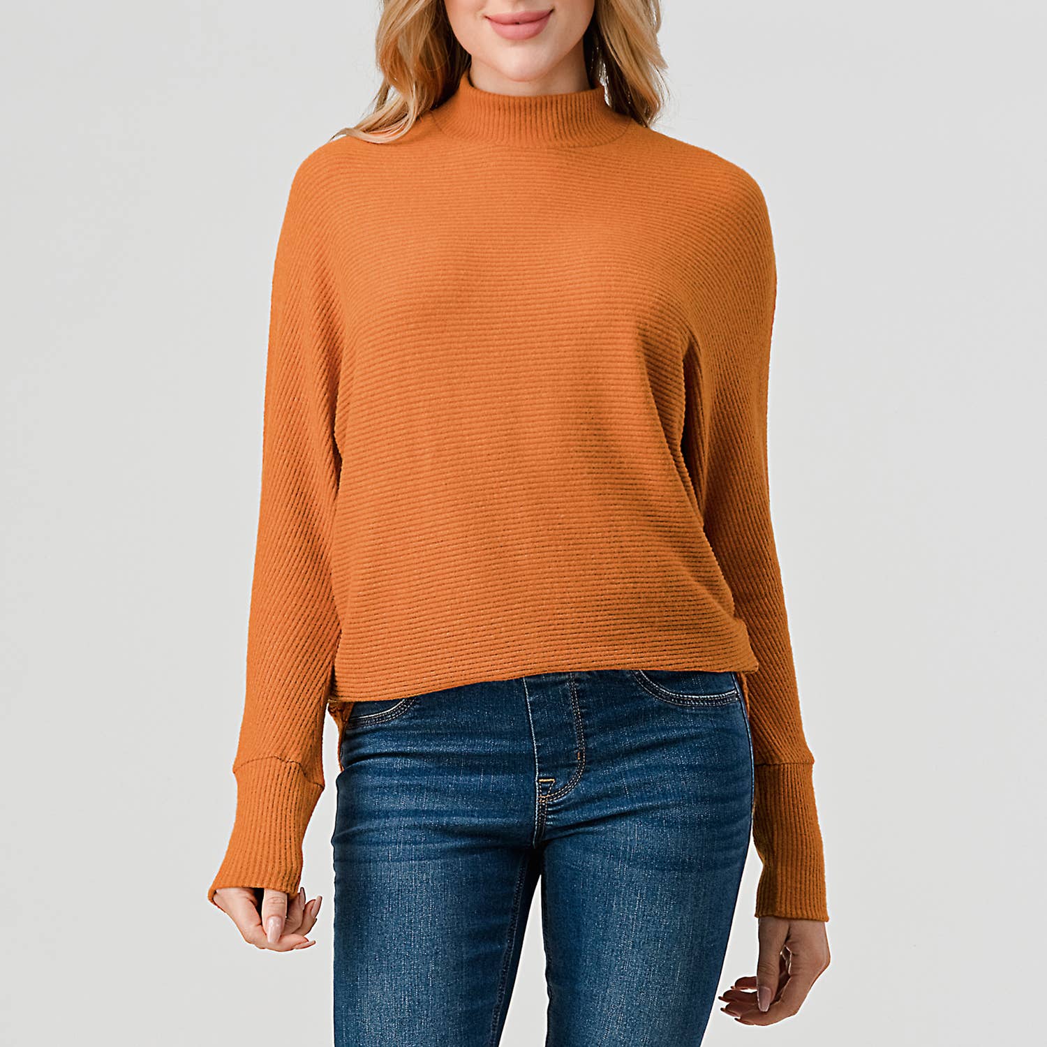 Heimious - Wholesale Knit Top - Women's - Mock Neck Long Dolman Sleeve Ribbed Knit Top, T26150