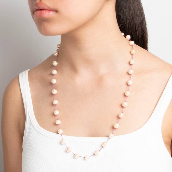 Semi-Round Pink Pearls Necklace in Sterling Silver for wholesale by Naturagems