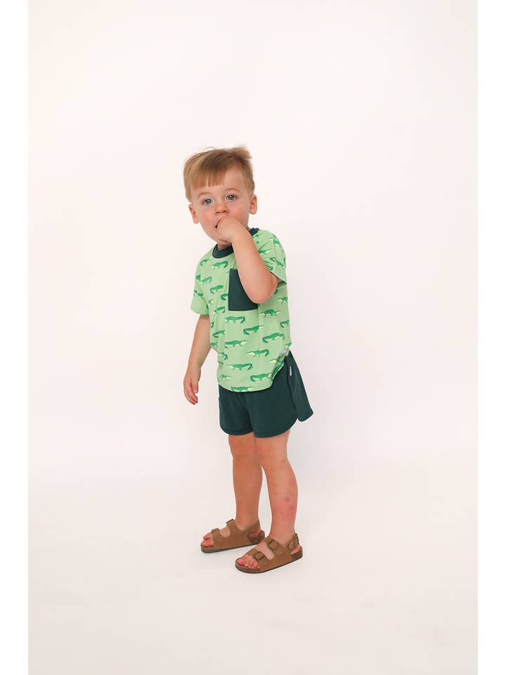 Southern Slumber - Wholesale Top & Short Set - Kids - Light Green Alligator Bamboo Varsity Short Set - T-shirt & Shorts