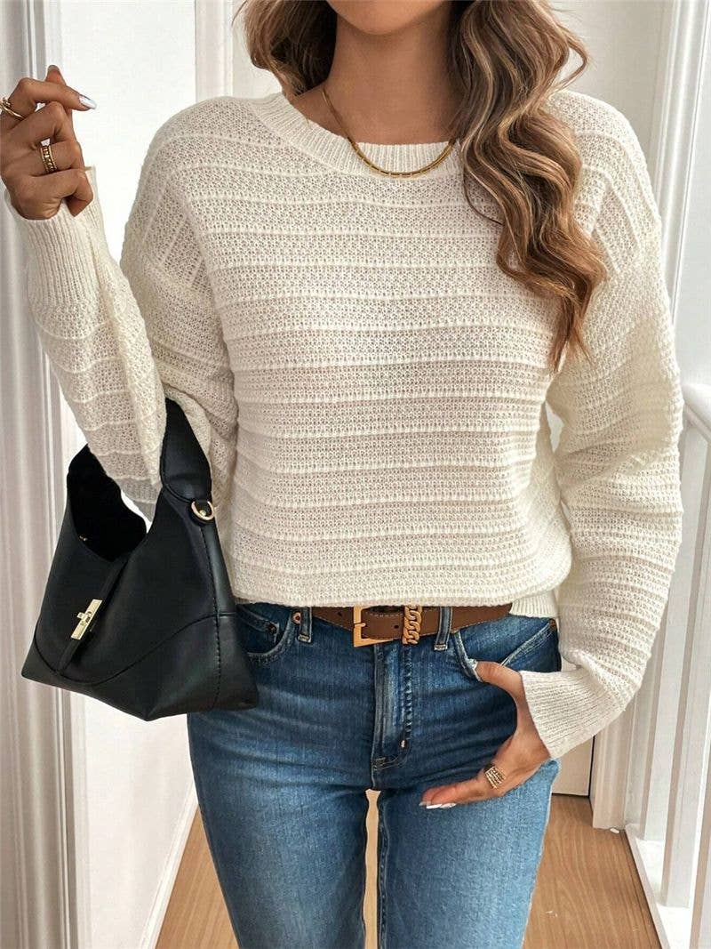Beige Cozy Bow Tie Back Crew Neck Fall Sweater for wholesale on Faire3