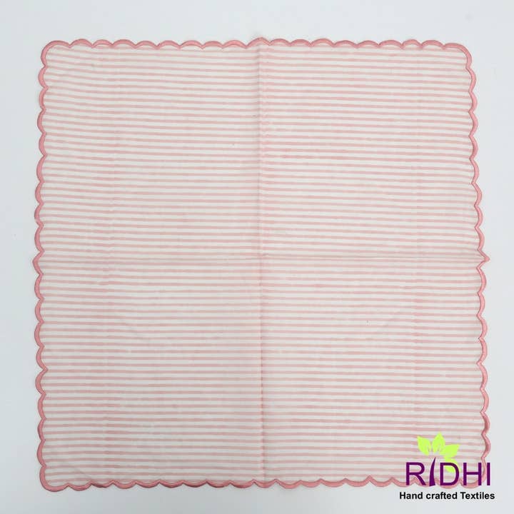 Fabricrush - Wholesale Dinner & Cloth Napkin - Punch Pink Stripes Scalloped Cotton Napkins2