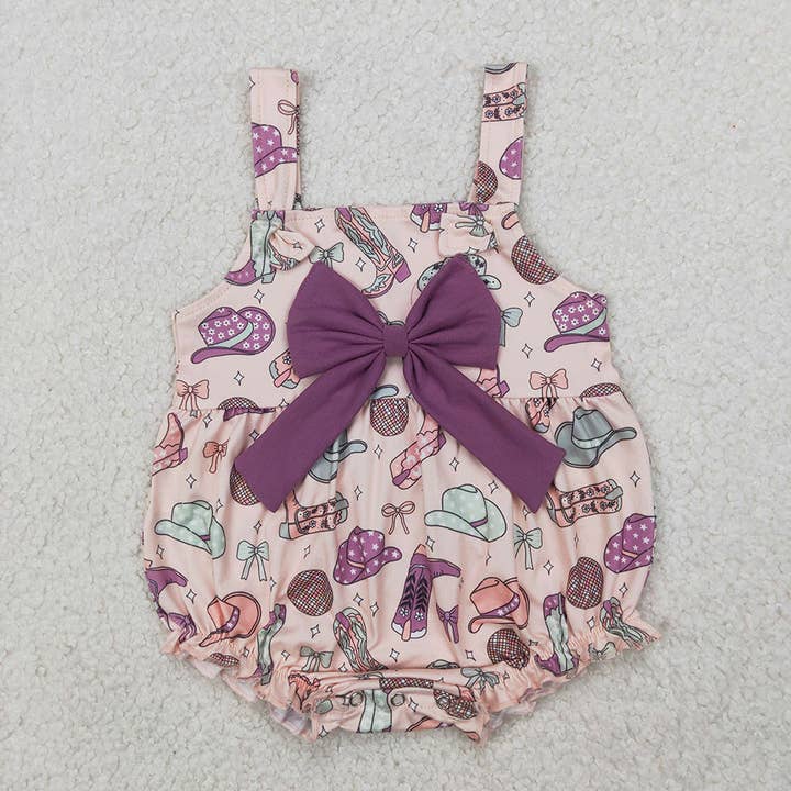 Baby Infant Girls Pink Strap Hats Boots Purple Bow Top Ruffle Rompers for wholesale by Aier Wholesale