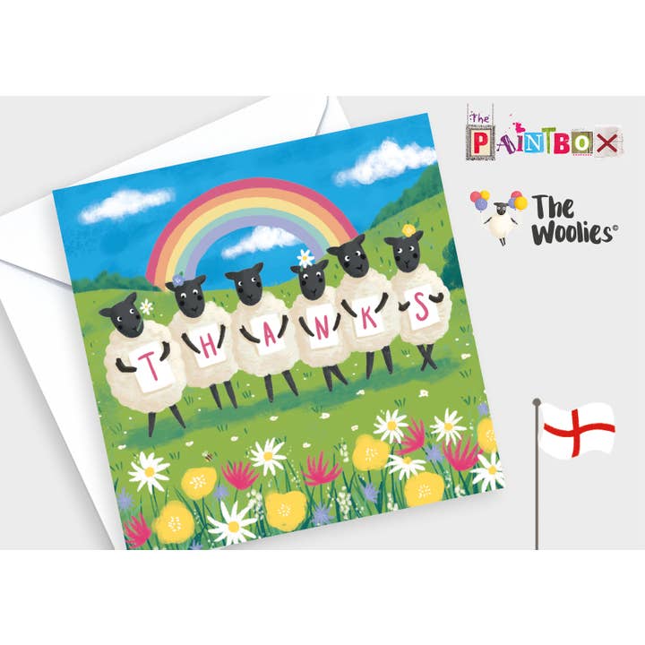 Thanks - Sheep holding sign & rainbow The English Woolies x6 for wholesale by The Paintbox