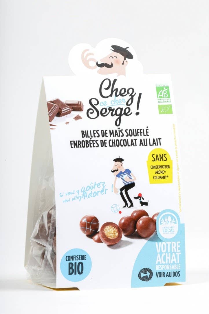 CHEZ CE CHER SERGE – wholesale Chokladtäckta godisar – Majs bollar belagda med mjölkchoklad 100g ORGANIC0