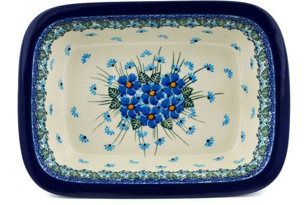 Polmedia Polish Pottery - Wholesale Baking Dish - Rectangular Baker 10" Forget Me Not Theme UNIKAT3