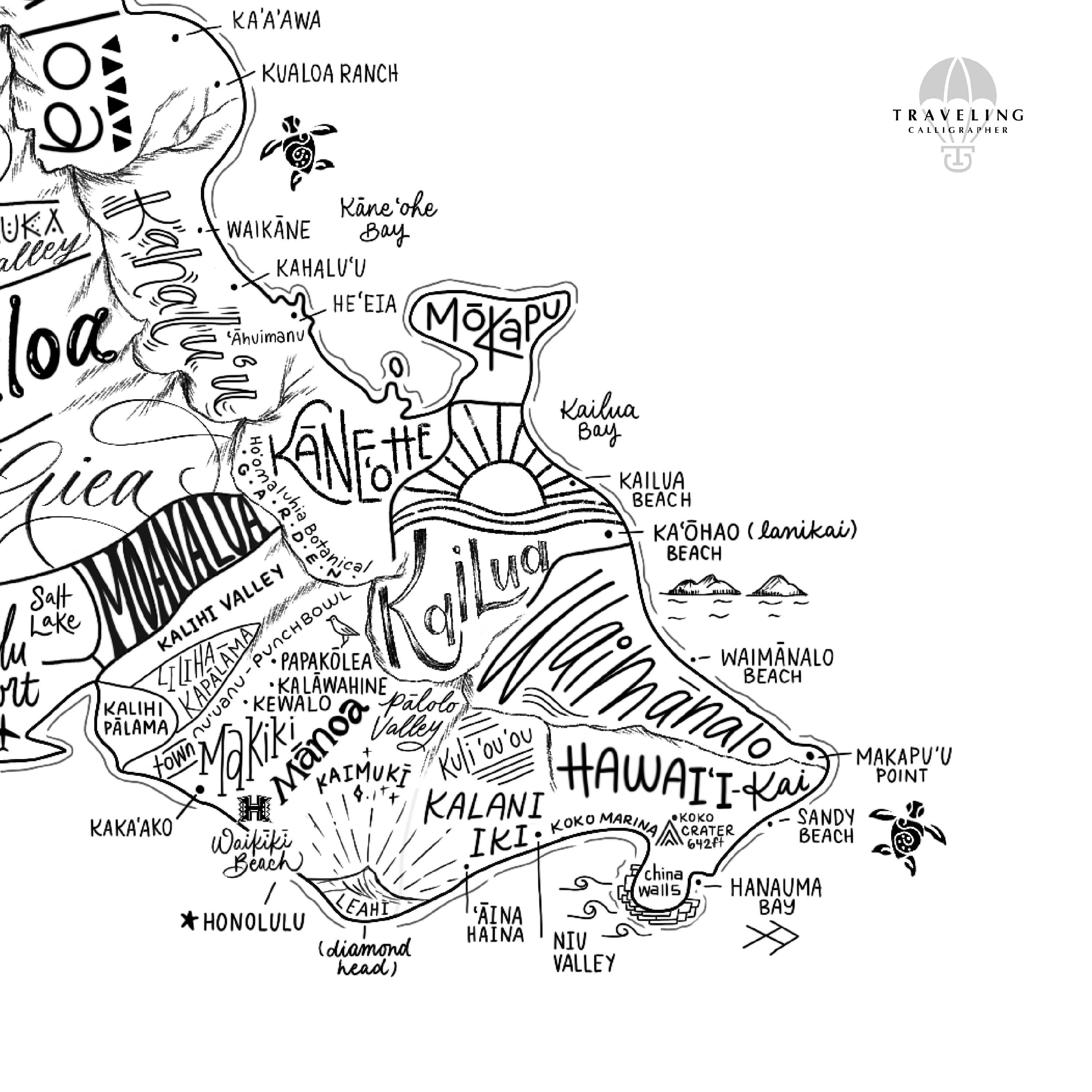 Traveling Calligrapher – Großhandel Kunstdruck – Karte der Nachbarschaft von Oahu Drucken5