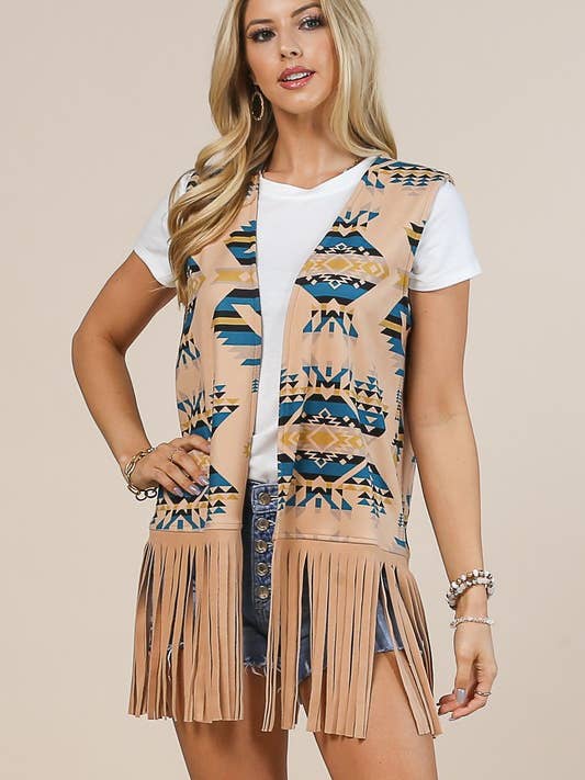 Avery Nelly Aztekenprint Microfiber Vest met Franje voor wholesale door Avery