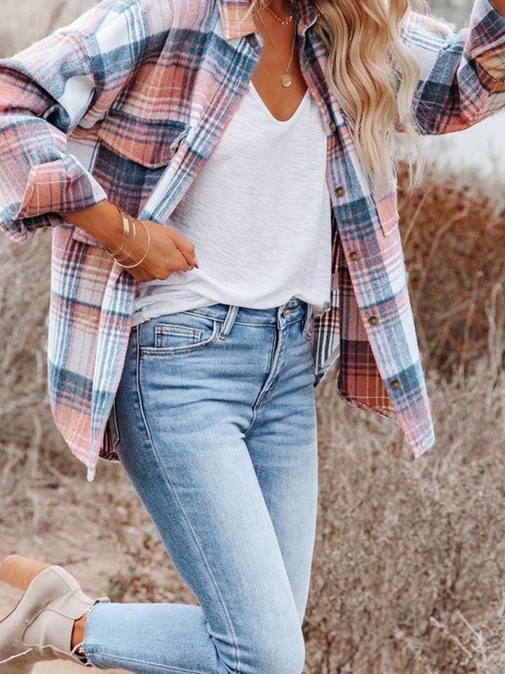 Suhkasana – Großhandel Hemdjacke/Shacket – Damen – Mittelgraue karierte Shacket mit Klappentaschen5