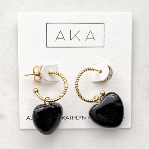 Boucles d'oreilles créoles cœur en pierre précieuse - Créoles 2 en 1 | Obsidienne pour la vente par Alexandra Kathlyn Accessories