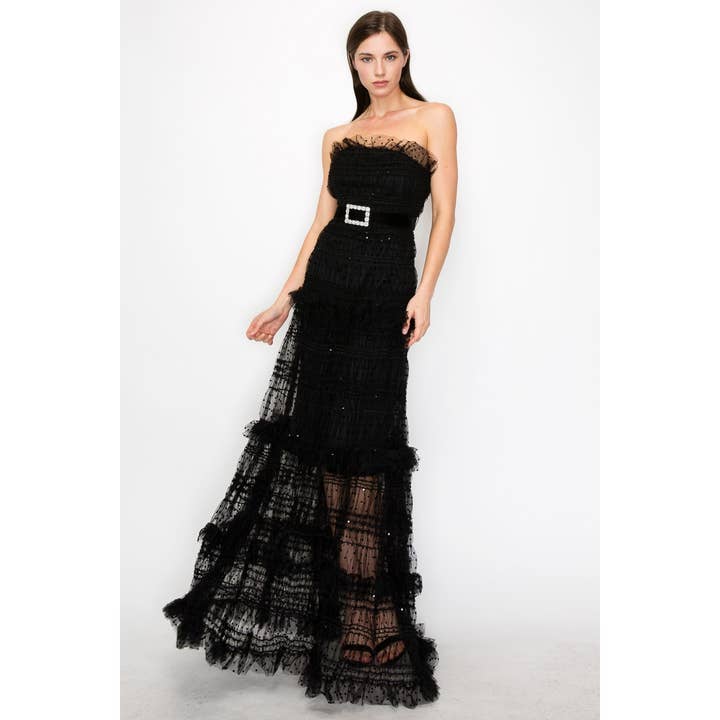INA - Wholesale Dress - Women's - Strapless Polka Dots Tiered Tulle Maxi Dress