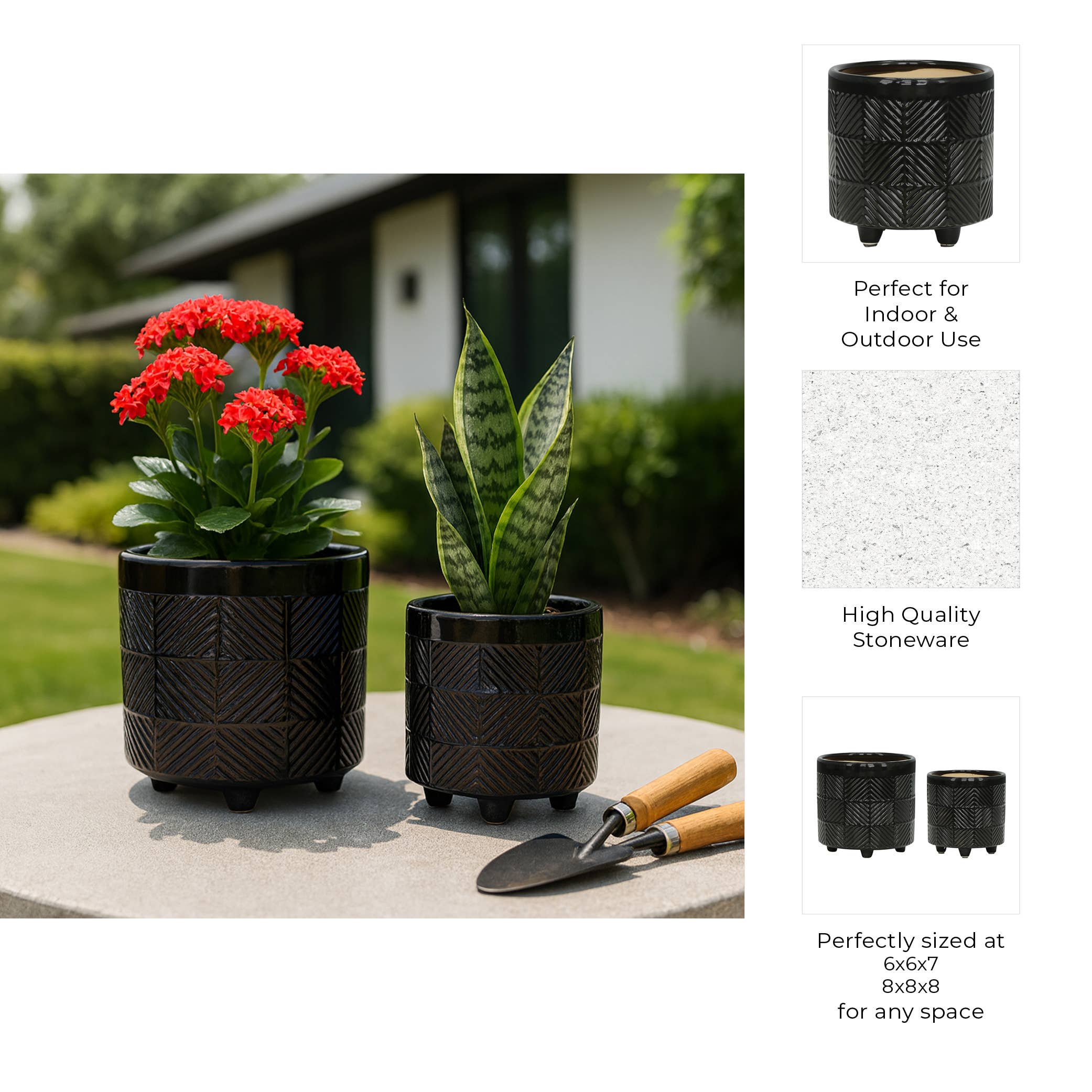 Sagebrook Home - Wholesale Plant Pot - Planters Set of 2 - Black Ceramic Round Textured, 6/8 in.4