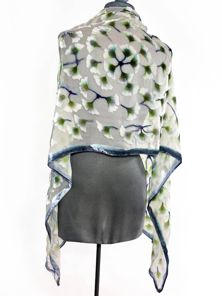 Devoré Velvet Scarf/Shawl with Hand Painted Gingko in Ivory for wholesale by Sherit Levin Textiles