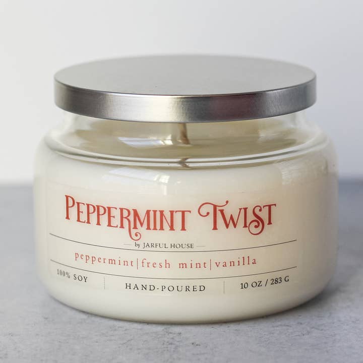 Vela navideña de soja Peppermint Twist, 10 oz. para venta al por mayor de Jarful House