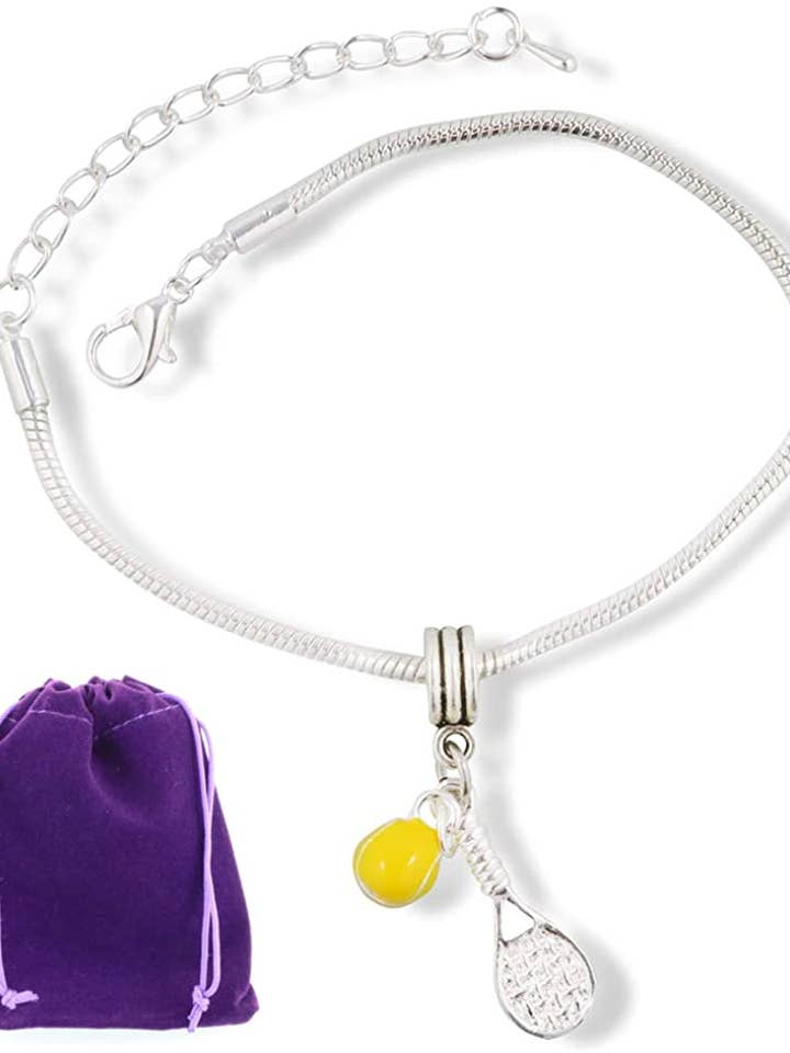 Tennis Racket Bracelet | ( Racquet ) with Yellow Tennis Ball 100% Stainless Steel Snake Chain Charm Bracelet for wholesale by Dave The Bunny