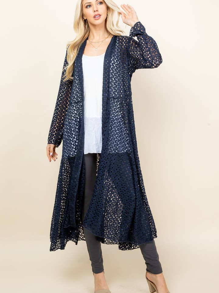 Crochet Lace Long Jacket – Boho Women's Duster | Made in USA for wholesale by Kooniez