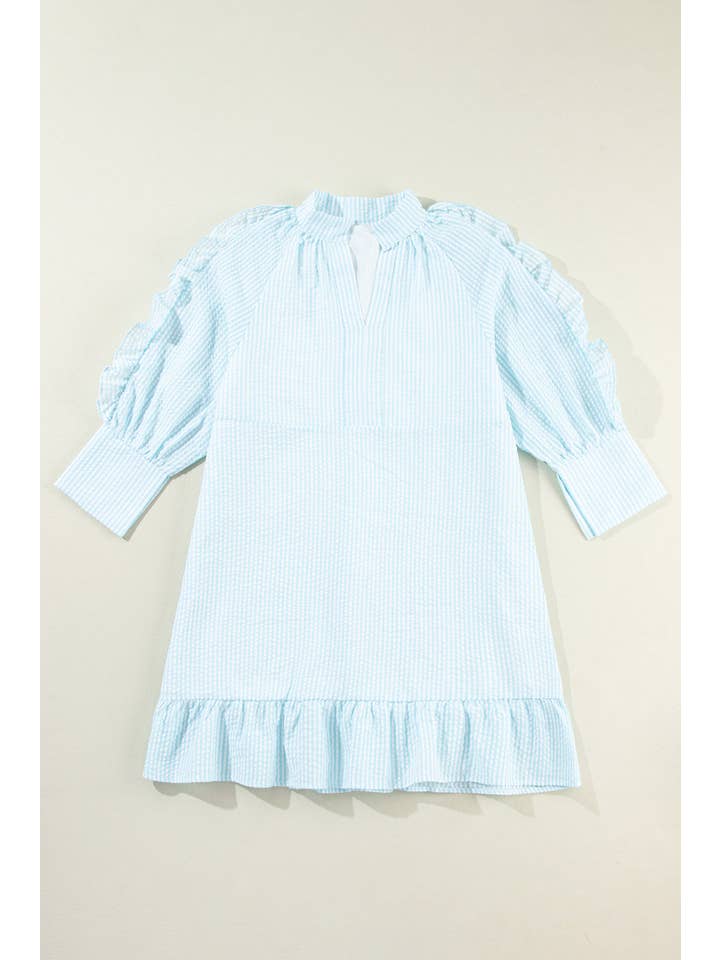 Myosotis Stripe Ruffle 3/4 Sleeve Mini Dress for wholesale on Faire