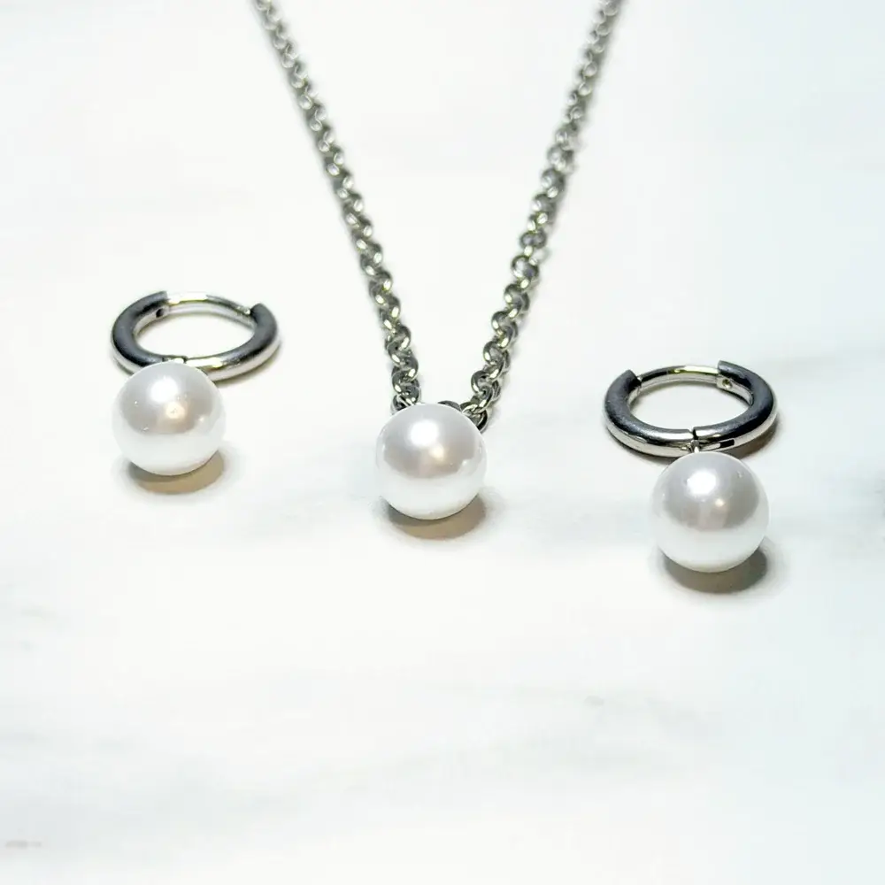 Aqua Essence Co - Wholesale Huggie Earrings - Lulu Jewelry Set | Hypoallergenic Pearl Earrings & Necklace3